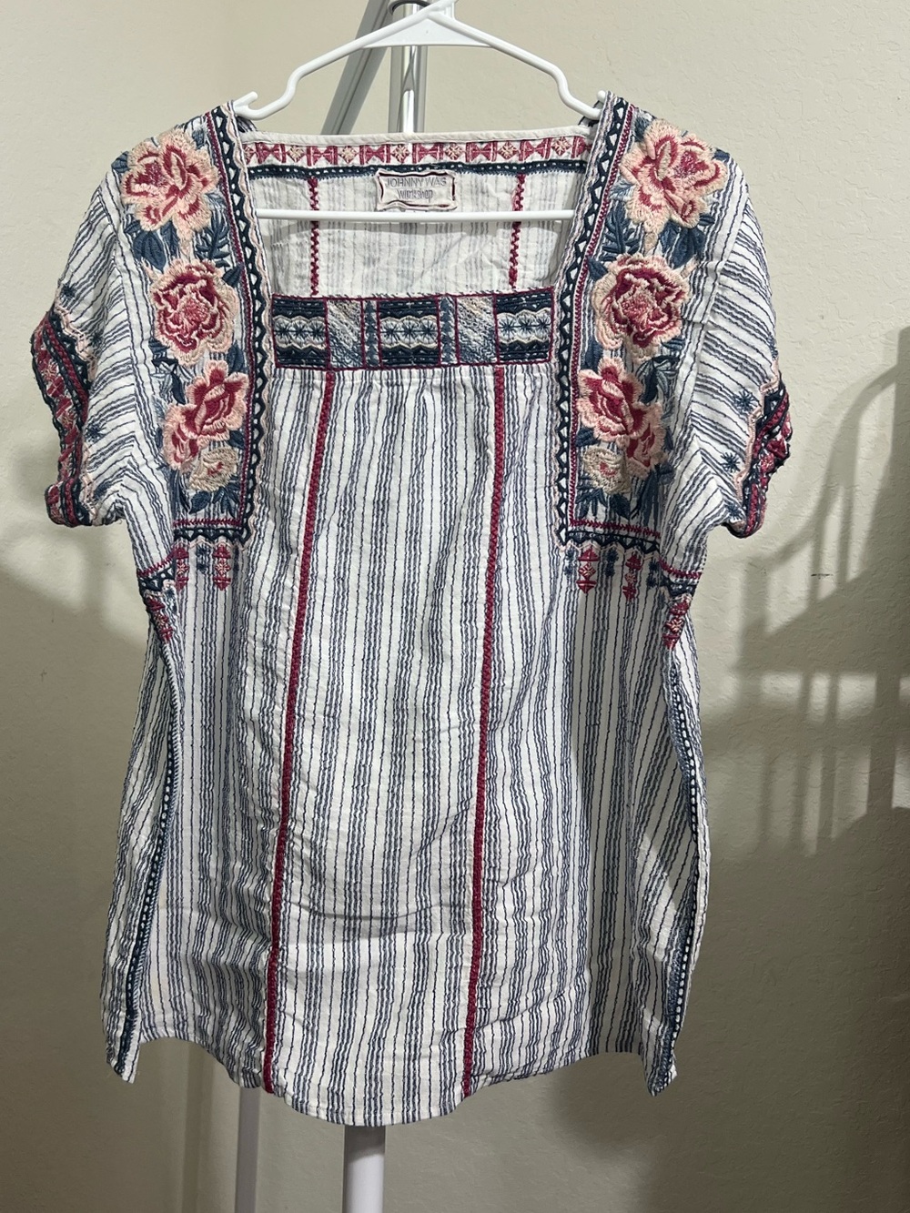 Johnny Was Workshop Embroidered Striped Peasant Top - White with Blue & Pink